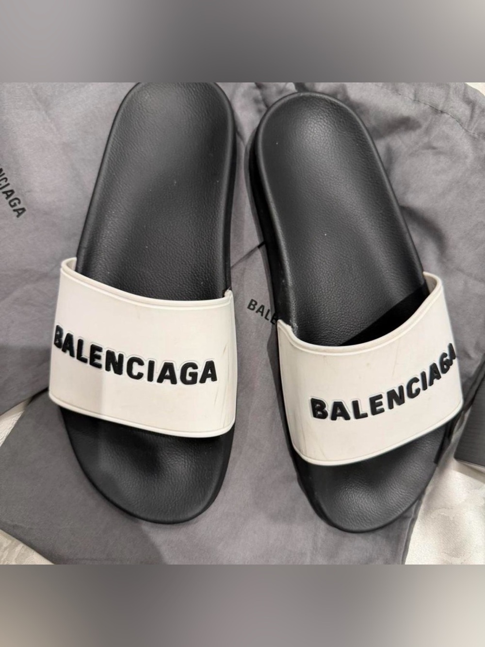 Women’s Balenciaga Black & White Logo Slide Sandals